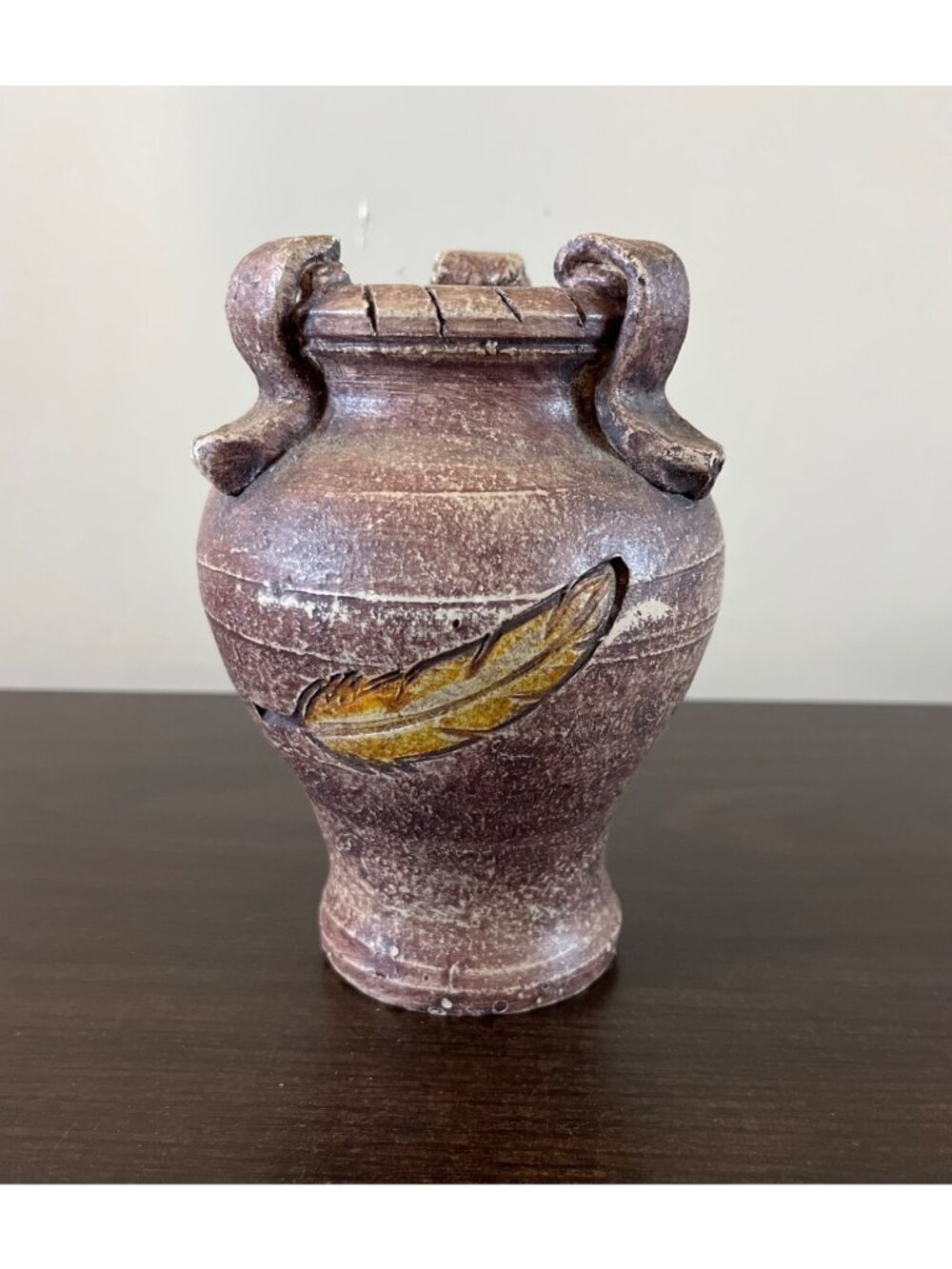 Bonnie J. Gordon Brown Vase With Leaf Detail 6" Tall Home Decor Studio Pottery